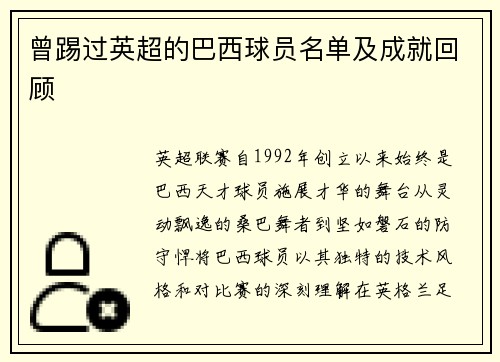 曾踢过英超的巴西球员名单及成就回顾